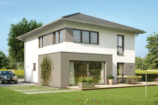 FingerHaus MEDLEY 300 – modernes zweigeschossiges Einfamilienhaus mit Walmdach, weiß-grauer Fassade und großen Fenstern. Im Vordergrund ein gepflegter Garten mit Terrasse, Rasenfläche, Sitzgruppe und Garten-Spielbereich.