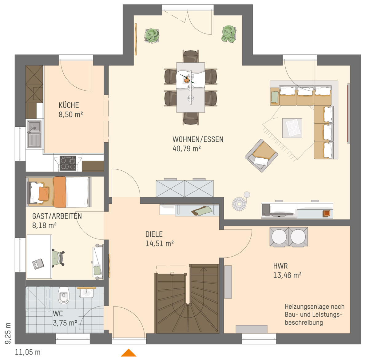 Grundriss Ergeschoss FingerHaus Einfamilienhaus MEDLEY 411 D als Stadtvilla mit Zwerchgiebel