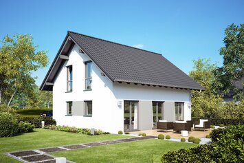 FingerHaus MEDLEY 110 – zweistöckiges Einfamilienhaus mit dunklem Satteldach, weißer Putzfassade und großen Fenstern. Im Vordergrund eine Holzterrasse mit Sitzmöbeln, gepflegter Garten mit Rasen, Beeten und modernem Weg.