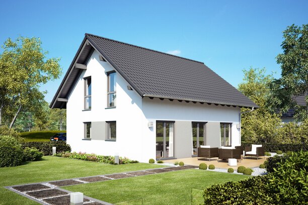 FingerHaus MEDLEY 110 – zweistöckiges Einfamilienhaus mit dunklem Satteldach, weißer Putzfassade und großen Fenstern. Im Vordergrund eine Holzterrasse mit Sitzmöbeln, gepflegter Garten mit Rasen, Beeten und modernem Weg.