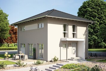 FingerHaus MEDLEY 101 – zweigeschossiges Einfamilienhaus mit Walmdach, heller Putzfassade und überdachtem Eingangsbereich. Im Vordergrund sind eine gepflasterte Einfahrt, Fahrrad, Gartenweg, Pflanzen und eine Terrasse mit Sitzmöbeln zu sehen.