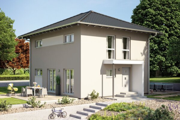 FingerHaus MEDLEY 101 – zweigeschossiges Einfamilienhaus mit Walmdach, heller Putzfassade und überdachtem Eingangsbereich. Im Vordergrund sind eine gepflasterte Einfahrt, Fahrrad, Gartenweg, Pflanzen und eine Terrasse mit Sitzmöbeln zu sehen.