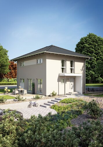 FingerHaus MEDLEY 101 – zweigeschossiges Einfamilienhaus mit Walmdach, heller Putzfassade und überdachtem Eingangsbereich. Im Vordergrund sind eine gepflasterte Einfahrt, Fahrrad, Gartenweg, Pflanzen und eine Terrasse mit Sitzmöbeln zu sehen.