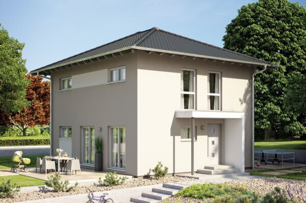 FingerHaus MEDLEY 101 – zweigeschossiges Einfamilienhaus mit Walmdach, heller Putzfassade und überdachtem Eingangsbereich. Im Vordergrund sind eine gepflasterte Einfahrt, Fahrrad, Gartenweg, Pflanzen und eine Terrasse mit Sitzmöbeln zu sehen.
