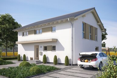 FingerHaus SENTO 500 – zweigeschossiges Einfamilienhaus mit Satteldach, heller Fassade und beige-braunen Fensterläden. Zu sehen sind überdachter Eingangsbereich, Garage und gepflasterte Einfahrt.