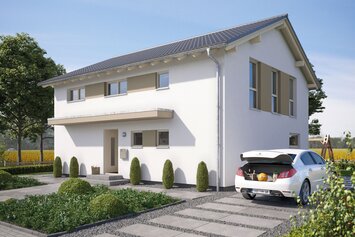 FingerHaus SENTO 500 – zweigeschossiges Einfamilienhaus mit Satteldach, heller Fassade und beige-braunen Fensterläden. Zu sehen sind überdachter Eingangsbereich, Garage und gepflasterte Einfahrt.