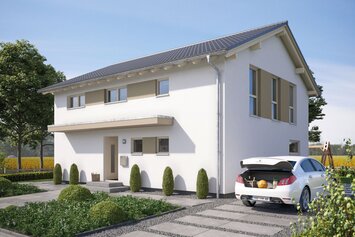 FingerHaus SENTO 500 – zweigeschossiges Einfamilienhaus mit Satteldach, heller Fassade und beige-braunen Fensterläden. Zu sehen sind überdachter Eingangsbereich, Garage und gepflasterte Einfahrt.