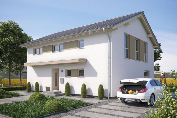 FingerHaus SENTO 500 – zweigeschossiges Einfamilienhaus mit Satteldach, heller Fassade und beige-braunen Fensterläden. Zu sehen sind überdachter Eingangsbereich, Garage und gepflasterte Einfahrt.