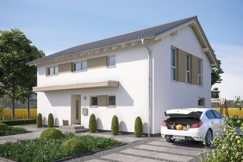 FingerHaus SENTO 500 – zweigeschossiges Einfamilienhaus mit Satteldach, heller Fassade und beige-braunen Fensterläden. Zu sehen sind überdachter Eingangsbereich, Garage und gepflasterte Einfahrt.