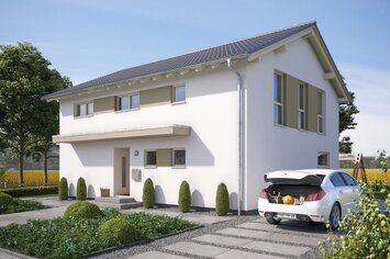 FingerHaus SENTO 500 – zweigeschossiges Einfamilienhaus mit Satteldach, heller Fassade und beige-braunen Fensterläden. Zu sehen sind überdachter Eingangsbereich, Garage und gepflasterte Einfahrt.