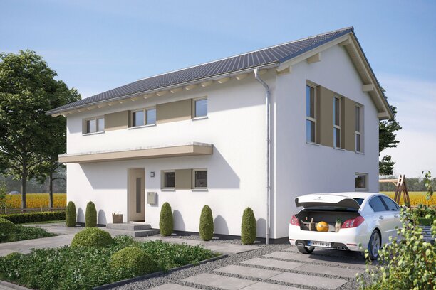 FingerHaus SENTO 500 – zweigeschossiges Einfamilienhaus mit Satteldach, heller Fassade und beige-braunen Fensterläden. Zu sehen sind überdachter Eingangsbereich, Garage und gepflasterte Einfahrt.