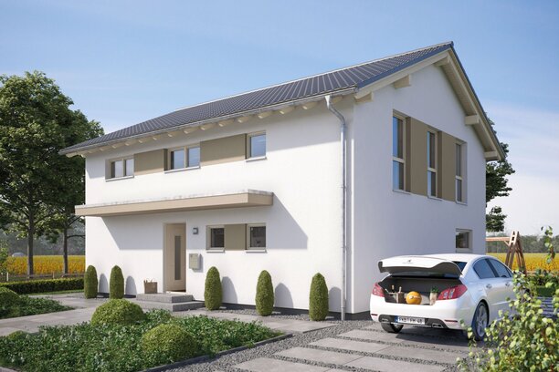 FingerHaus SENTO 500 – zweigeschossiges Einfamilienhaus mit Satteldach, heller Fassade und beige-braunen Fensterläden. Zu sehen sind überdachter Eingangsbereich, Garage und gepflasterte Einfahrt.