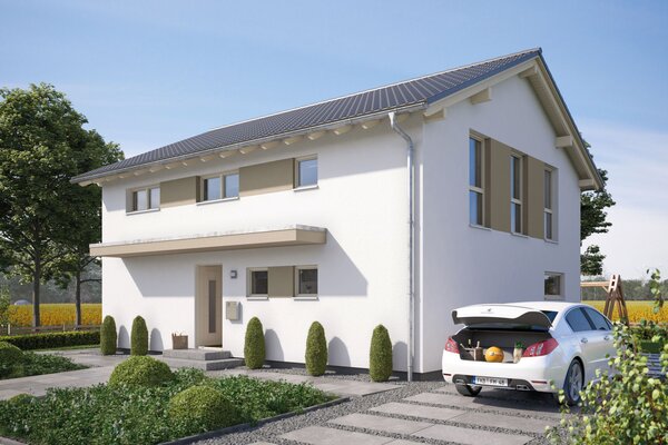 FingerHaus SENTO 500 – zweigeschossiges Einfamilienhaus mit Satteldach, heller Fassade und beige-braunen Fensterläden. Zu sehen sind überdachter Eingangsbereich, Garage und gepflasterte Einfahrt.