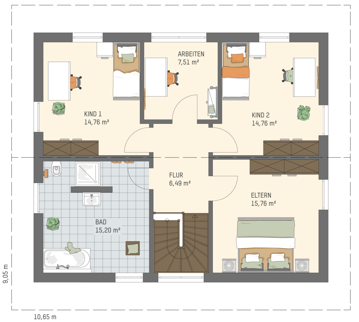 Grundriss des FingerHaus Einfamilienhauses MEDLEY 302 C mit beschrifteten Räumen für Eltern, zwei Kinder, Bad, Flur und Arbeiten