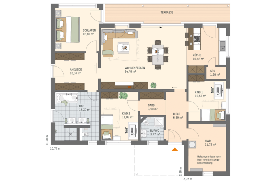 Grundriss eines Fertighauses mit beschrifteten Räumen wie Schlafen, Ankleide, Bad, zwei Kinderzimmern, Wohnen/Essen, Küche, Speisekammer, Hauswirtschaftsraum und Terrasse.