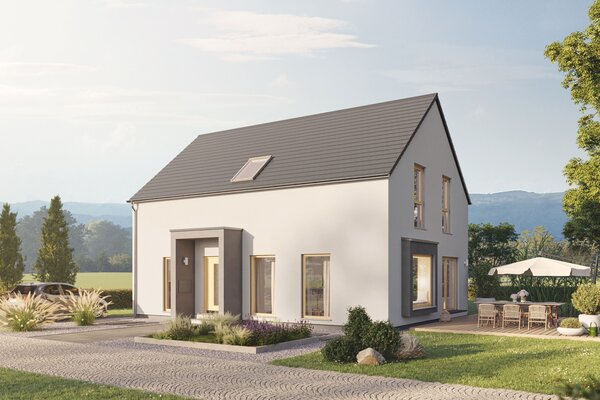 Modernes Einfamilienhaus LIV von FingerHaus mit Satteldach, heller Fassade und großzügigem Garten bei sonnigem Wetter.