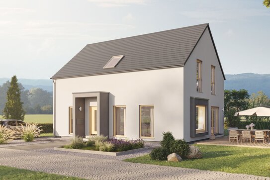 Modernes Einfamilienhaus LIV von FingerHaus mit Satteldach, heller Fassade und großzügigem Garten bei sonnigem Wetter.