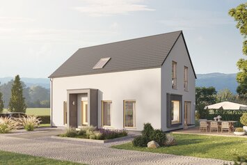 Modernes Einfamilienhaus LIV von FingerHaus mit Satteldach, heller Fassade und großzügigem Garten bei sonnigem Wetter.
