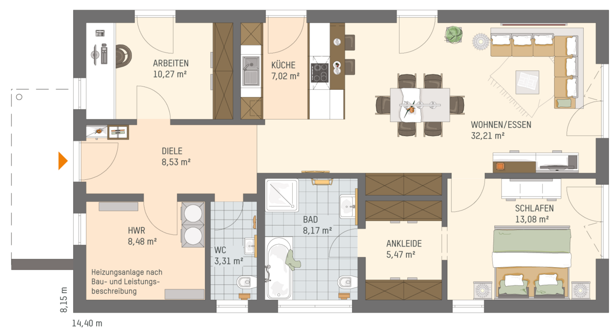 FingerHaus Grundriss Bungalow Erdgeschoss NIVO 95 mit Haustürüberdachung