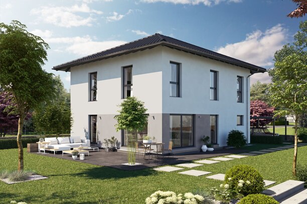 Visualisierung des FingerHaus ARTIS 300 W mit Walmdach, heller Putzfassade und großzügiger Terrasse im Garten.