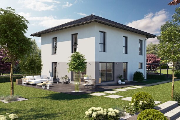 Visualisierung des FingerHaus ARTIS 300 W mit Walmdach, heller Putzfassade und großzügiger Terrasse im Garten.