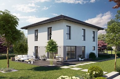 Visualisierung des FingerHaus ARTIS 300 W mit Walmdach, heller Putzfassade und großzügiger Terrasse im Garten.