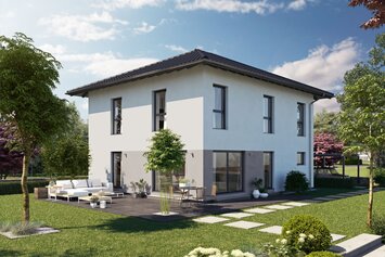 Visualisierung des FingerHaus ARTIS 300 W mit Walmdach, heller Putzfassade und großzügiger Terrasse im Garten.
