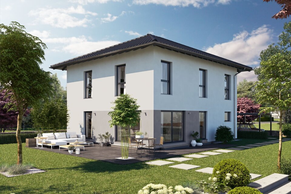 Visualisierung des FingerHaus ARTIS 300 W mit Walmdach, heller Putzfassade und großzügiger Terrasse im Garten.