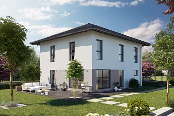 Visualisierung des FingerHaus ARTIS 300 W mit Walmdach, heller Putzfassade und großzügiger Terrasse im Garten.