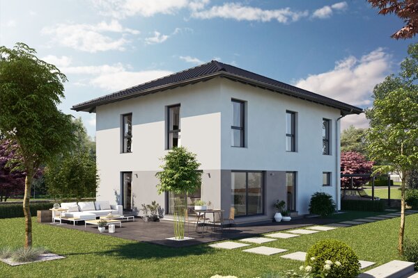 Visualisierung des FingerHaus ARTIS 300 W mit Walmdach, heller Putzfassade und großzügiger Terrasse im Garten.