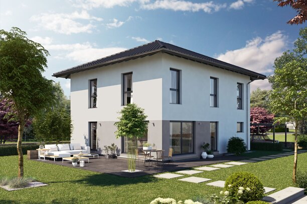 Visualisierung des FingerHaus ARTIS 300 W mit Walmdach, heller Putzfassade und großzügiger Terrasse im Garten.