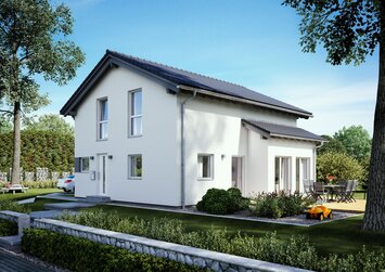 FingerHaus UNO S180 – Einfamilienhaus mit Satteldach, heller Fassade und seitlichem Erker mit Flachdach. Im Garten sind Terrasse, Rasenfläche und Pflanzen sichtbar.