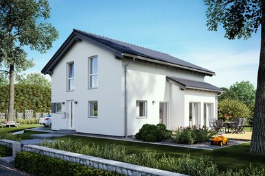 FingerHaus UNO S180 – Einfamilienhaus mit Satteldach, heller Fassade und seitlichem Erker mit Flachdach. Im Garten sind Terrasse, Rasenfläche und Pflanzen sichtbar.