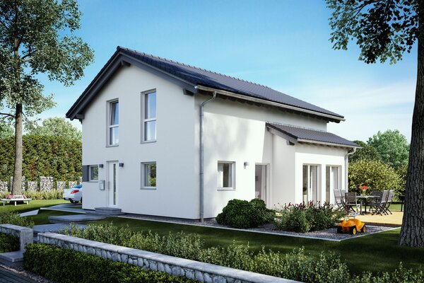 FingerHaus UNO S180 – Einfamilienhaus mit Satteldach, heller Fassade und seitlichem Erker mit Flachdach. Im Garten sind Terrasse, Rasenfläche und Pflanzen sichtbar.