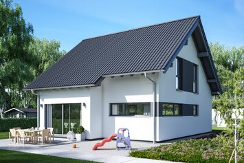 FingerHaus VIO 150 – Einfamilienhaus mit Satteldach, heller Fassade und Erker mit Flachdach. Der Garten ist mit Terrasse, Rasen, Schaukel und Rutsche familienfreundlich gestaltet.