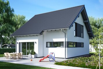 FingerHaus VIO 150 – Einfamilienhaus mit Satteldach, heller Fassade und Erker mit Flachdach. Der Garten ist mit Terrasse, Rasen, Schaukel und Rutsche familienfreundlich gestaltet.