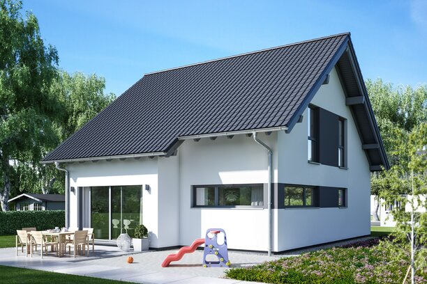 FingerHaus VIO 150 – Einfamilienhaus mit Satteldach, heller Fassade und Erker mit Flachdach. Der Garten ist mit Terrasse, Rasen, Schaukel und Rutsche familienfreundlich gestaltet.