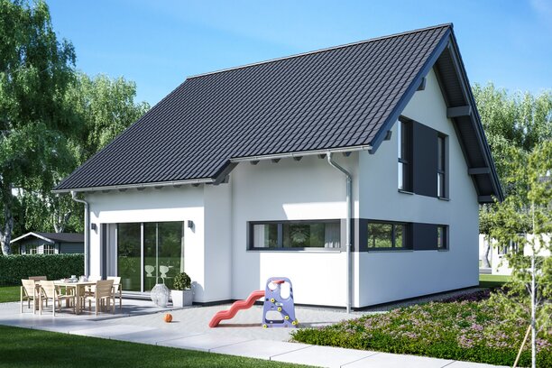 FingerHaus VIO 150 – Einfamilienhaus mit Satteldach, heller Fassade und Erker mit Flachdach. Der Garten ist mit Terrasse, Rasen, Schaukel und Rutsche familienfreundlich gestaltet.