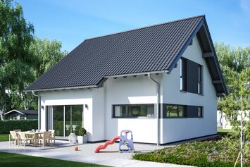 FingerHaus VIO 150 – Einfamilienhaus mit Satteldach, heller Fassade und Erker mit Flachdach. Der Garten ist mit Terrasse, Rasen, Schaukel und Rutsche familienfreundlich gestaltet.