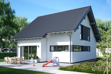 FingerHaus VIO 150 – Einfamilienhaus mit Satteldach, heller Fassade und Erker mit Flachdach. Der Garten ist mit Terrasse, Rasen, Schaukel und Rutsche familienfreundlich gestaltet.