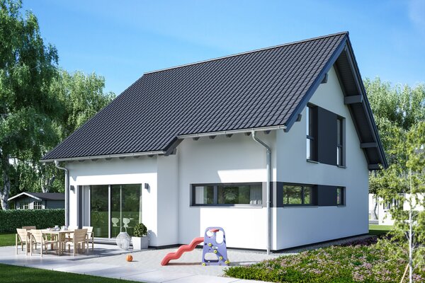 FingerHaus VIO 150 – Einfamilienhaus mit Satteldach, heller Fassade und Erker mit Flachdach. Der Garten ist mit Terrasse, Rasen, Schaukel und Rutsche familienfreundlich gestaltet.