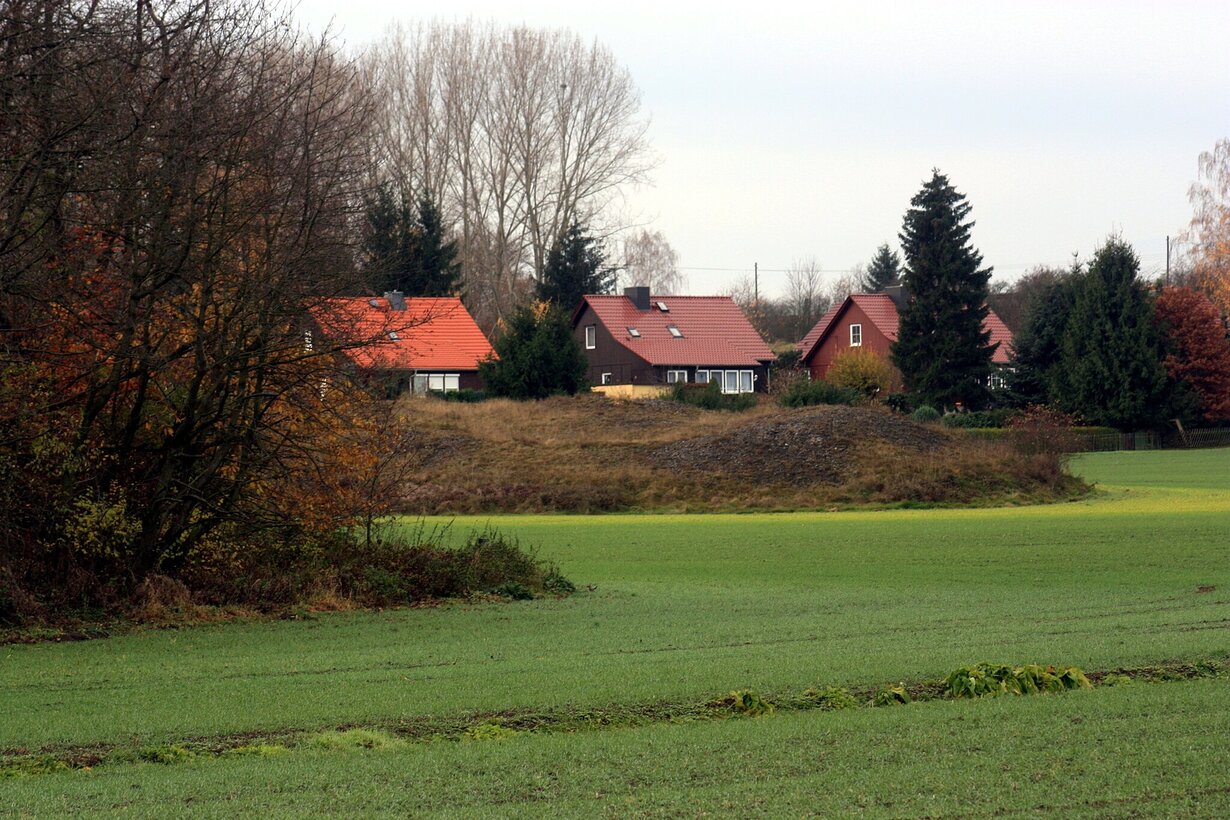 Blick auf ein Baugrundstück in Helbra mit grüner Wiese und angrenzenden Häusern im Hintergrund.