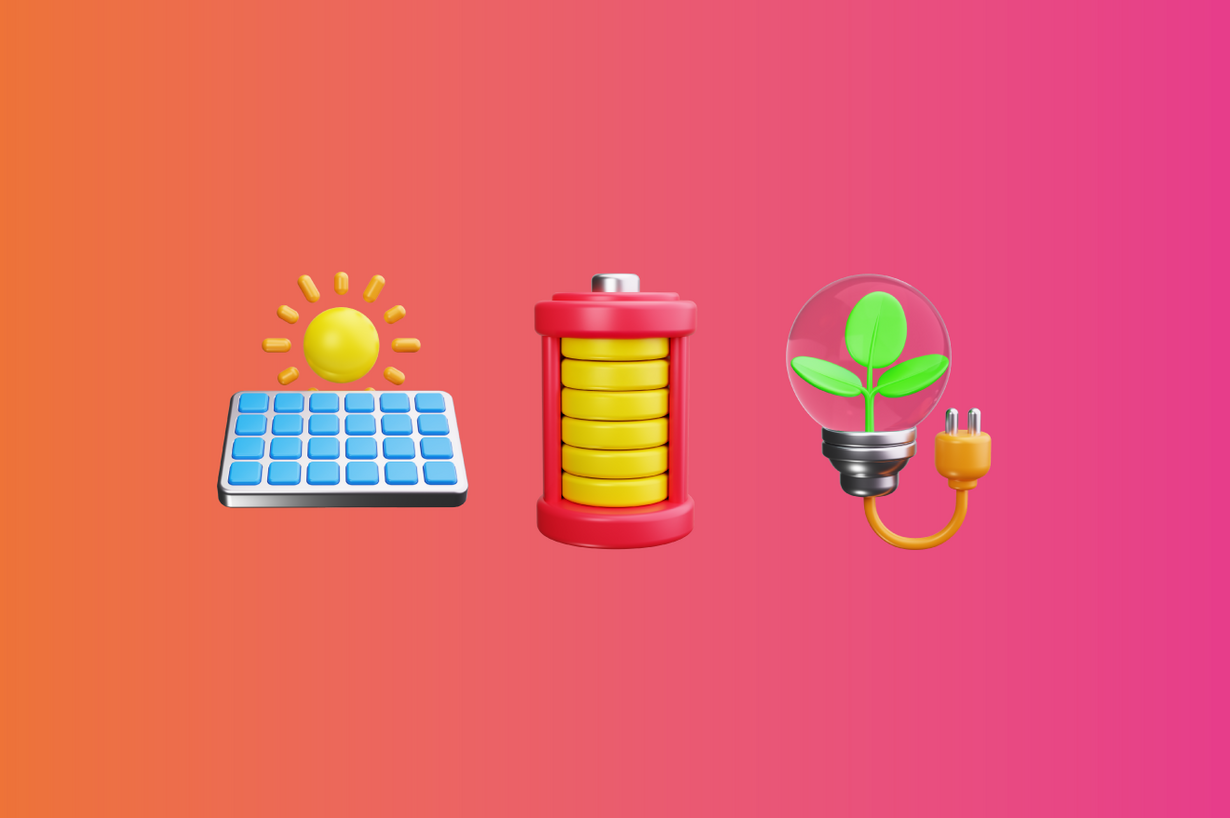 Headergrafik zum Null-Energiekosten-Paket von FingerHaus mit Symbolen für Photovoltaik, Stromspeicher und nachhaltige Energie auf farbigem Verlaufshintergrund.