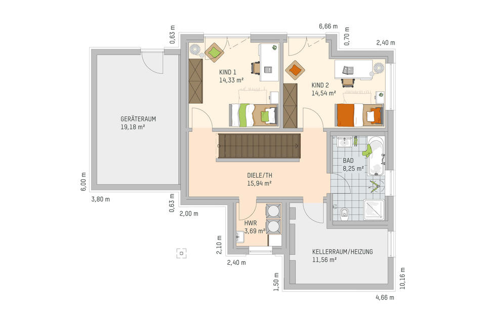 Grundriss eines FingerHaus Fertighauses mit zwei Kinderzimmern, Bad, Hauswirtschaftsraum, Kellerraum/Heizung, Diele und angrenzendem Geräteraum
