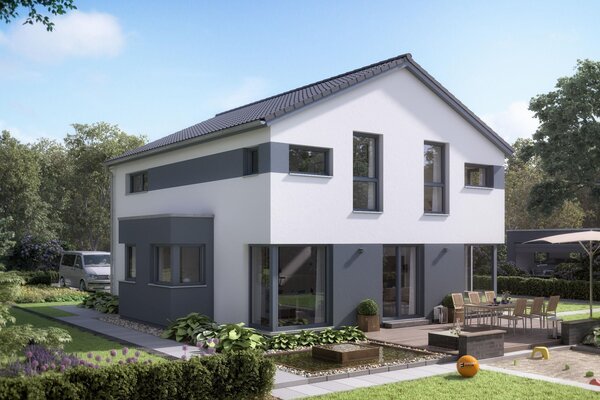 FingerHaus MEDLEY 300 – modernes zweigeschossiges Einfamilienhaus mit grauen Akzentflächen, weißer Putzfassade und Satteldach. Im Garten sind eine große Terrasse mit Sitzgruppe, Rasenfläche mit Picknickdecke und Beete mit Pflanzen zu sehen.
