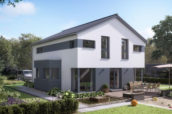 FingerHaus MEDLEY 300 – modernes zweigeschossiges Einfamilienhaus mit grauen Akzentflächen, weißer Putzfassade und Satteldach. Im Garten sind eine große Terrasse mit Sitzgruppe, Rasenfläche mit Picknickdecke und Beete mit Pflanzen zu sehen.