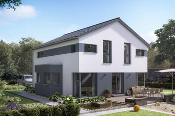 FingerHaus MEDLEY 300 – modernes zweigeschossiges Einfamilienhaus mit grauen Akzentflächen, weißer Putzfassade und Satteldach. Im Garten sind eine große Terrasse mit Sitzgruppe, Rasenfläche mit Picknickdecke und Beete mit Pflanzen zu sehen.