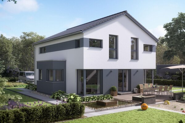 FingerHaus MEDLEY 300 – modernes zweigeschossiges Einfamilienhaus mit grauen Akzentflächen, weißer Putzfassade und Satteldach. Im Garten sind eine große Terrasse mit Sitzgruppe, Rasenfläche mit Picknickdecke und Beete mit Pflanzen zu sehen.
