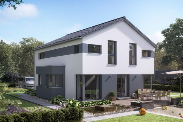 FingerHaus MEDLEY 300 – modernes zweigeschossiges Einfamilienhaus mit grauen Akzentflächen, weißer Putzfassade und Satteldach. Im Garten sind eine große Terrasse mit Sitzgruppe, Rasenfläche mit Picknickdecke und Beete mit Pflanzen zu sehen.