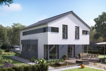 FingerHaus MEDLEY 300 – modernes zweigeschossiges Einfamilienhaus mit grauen Akzentflächen, weißer Putzfassade und Satteldach. Im Garten sind eine große Terrasse mit Sitzgruppe, Rasenfläche mit Picknickdecke und Beete mit Pflanzen zu sehen.